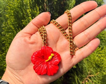 Caribbean Necklace, Maga Flower, Island, Tropical, Hibiscus, Flowers, Stainless Steel gold color 18” in, 18k gold plated lightweights