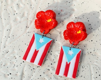 Maga flower and Puerto Rico flag earrings | glitter flag | culture | Island life | proud islad girl