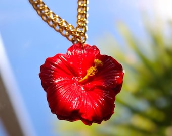 Caribbean Necklace, Maga Flower, Island, Tropical, Hibiscus, Flowers, Stainless Steel gold color 18” in, 18k gold plated lightweights