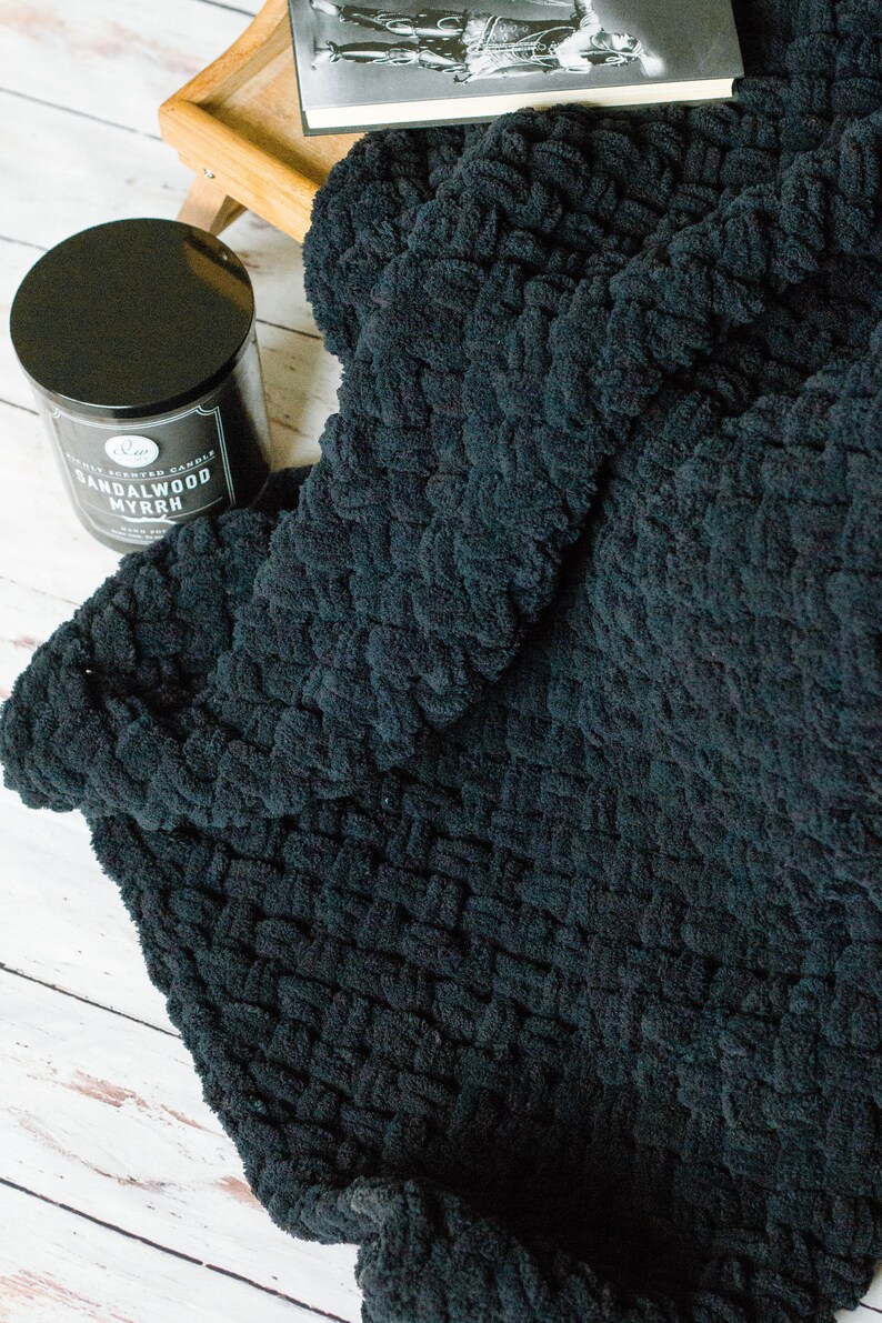 Black Chunky Knit Throw Blanket Super Soft Handknitted Etsy