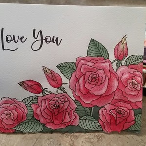 Carte souhait,st-valentin,rose,love,amour,je t'aime,aquarelle,fleur,fait main
