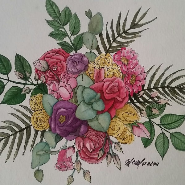 Peinture, aquarelle florale, fleurs, bouquet