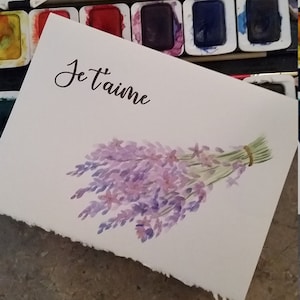 Carte souhait,st-valentin,lavende,love,amour,je t'aime,aquarelle,fleur,fait main