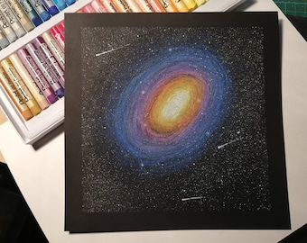 Original oil pastel drawing, galaxy, space, handmade - visual art