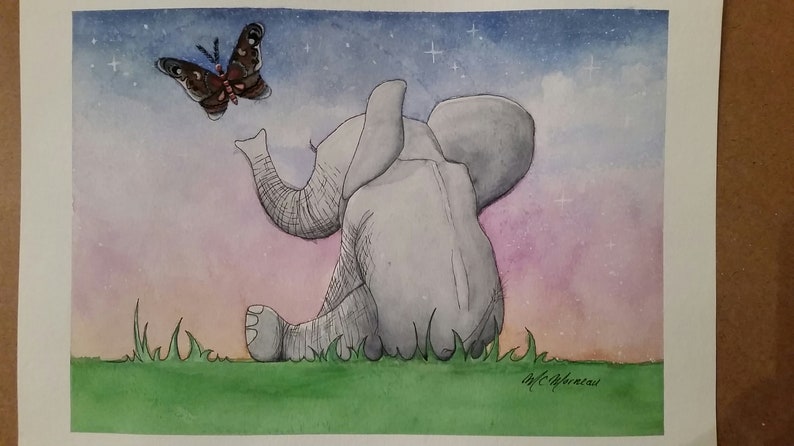 Peinture Aquarelleéléphantcielétoilepapillonpeinture Original