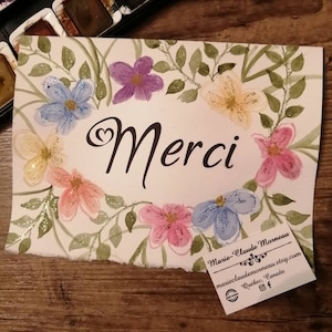 Carte de remerciement, merci, aquarelle, fleur, fait main