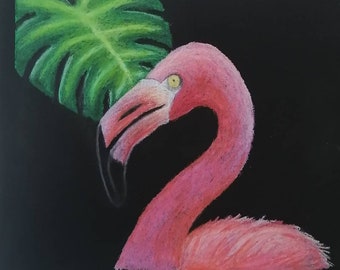 Original oil pastel drawing, pink flamingo, handmade - visual art