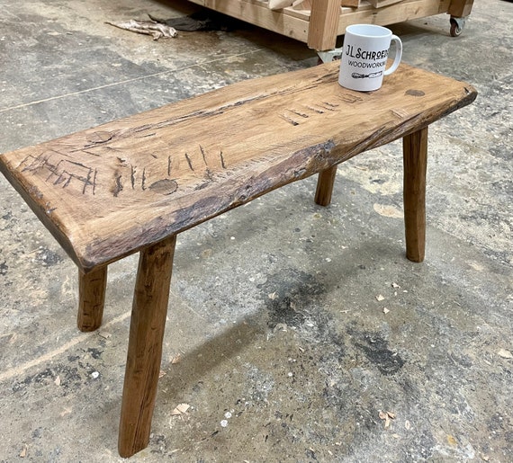 Primitive Bench, Rustic Live Edge Stool, Farmhouse Stool