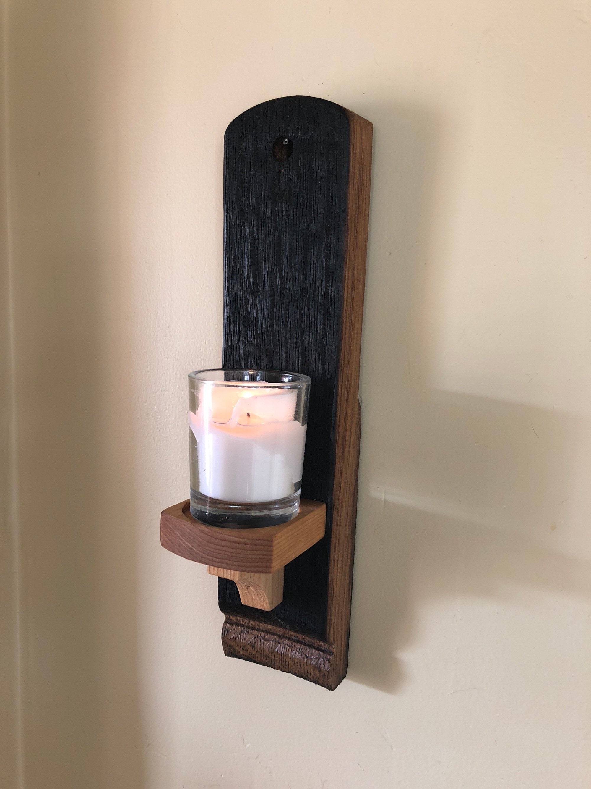 Wooden, Candle holder, wall sconce, made from a wine barrel, gothic