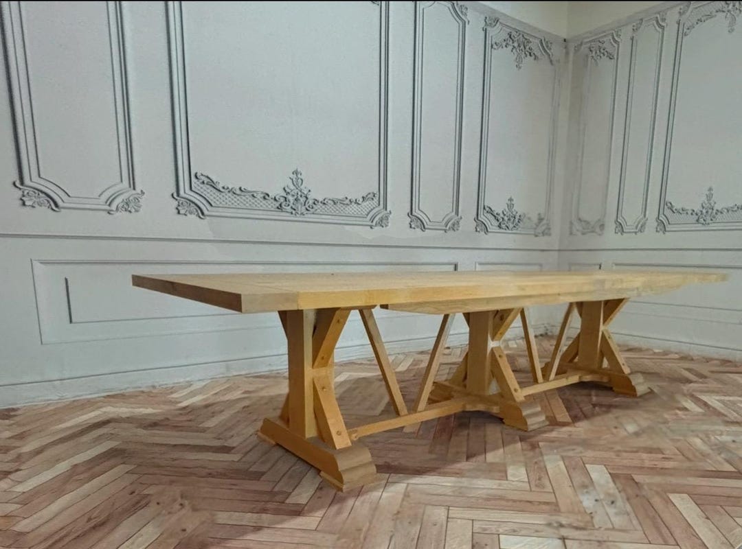 Rustic Alder Trestle Dining Table, Large Solid Wood Conference