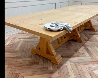 Rustic Alder Trestle Dining Table, Large Solid Wood Conference Table