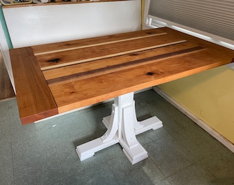 Handmade Striped Alder Walnut Oak Maple Table, White Trestle Base