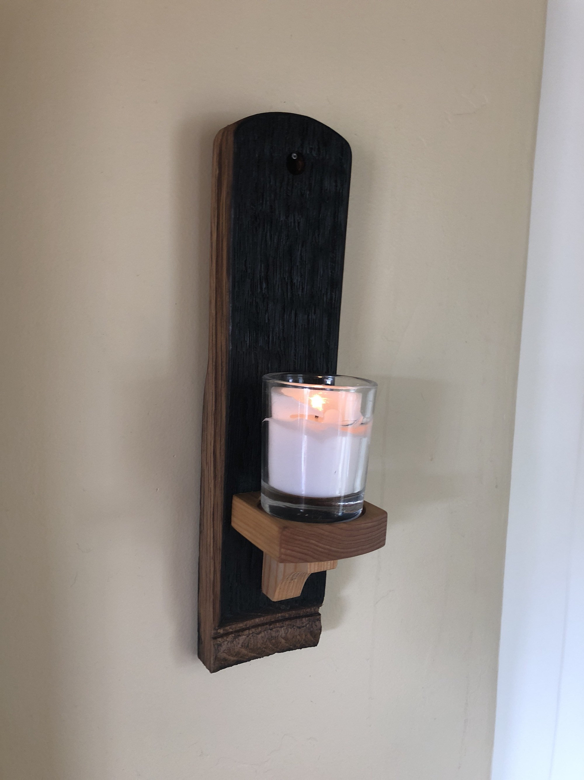 Wooden, Candle holder, wall sconce, made from a wine barrel, gothic