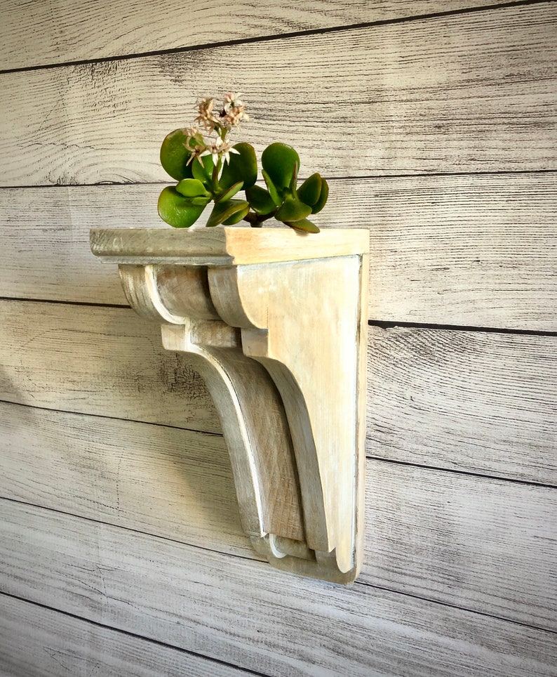 Whitewashed Distressed Antique Wood Corbel Wall Shelf Brackets (Set Of