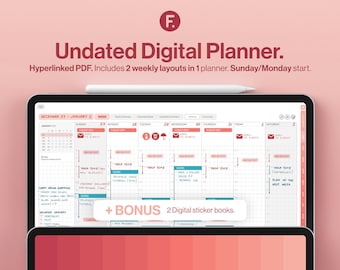 Undated Digital Planner, GoodNotes and Notability Templates, Hyperlinked PDF, Coral Pink Color