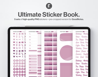 Digital Sticker Book with over 500 unique stickers. Precropped for GoodNotes + Individual PNGs. Cassis color