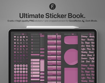 Dark Mode Digital Sticker Book with over 500 unique stickers. Precropped for GoodNotes + Individual PNGs. Cassis color