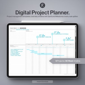 Digitale projectplanner, bedrijfsplanner, ongedateerde planner, 56 weken durende projecttijdlijn, taaksplitter, Gantt-diagram, iPad Planner