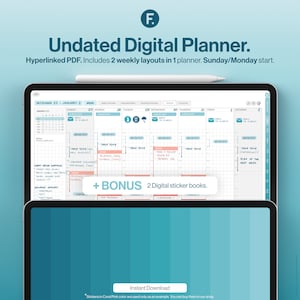 May include: A digital planner with a blue and white color scheme. The planner is open to a weekly view, showing the dates December 27th to January 2nd. The planner includes a bonus of two digital sticker books. The text "Instant Download" is displayed on a button.