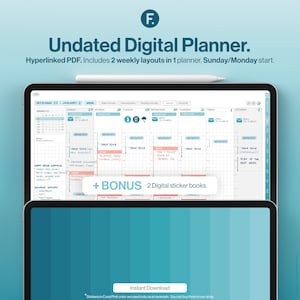 Undated Digital Planner, GoodNotes and Notability Templates, Hyperlinked PDF, Turquoise Sea Color