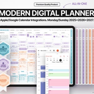 May include: A digital planner app on a tablet screen with a calendar view, showing the month of March 2025. The app has features such as colour coding, goodnotes and notability compatibility, and ADHD-friendly options. The app also has a daily view with time slots for scheduling activities. The app is designed for Apple and Google calendar integration.