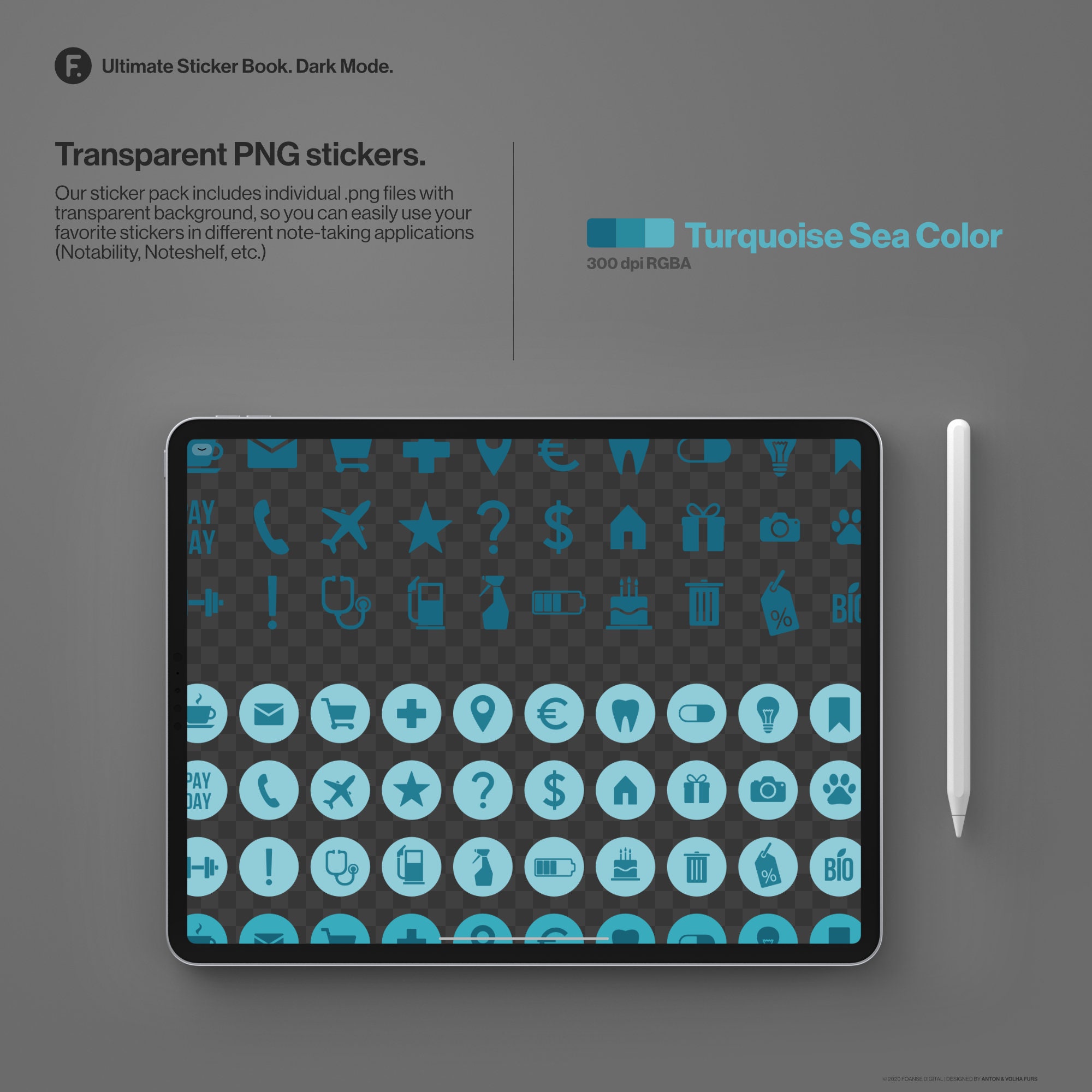 Dark Mode Digital Sticker Book: 500+ Turquoise Stickers for Goodnotes ...