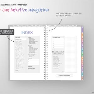 May include: A digital planner with a gray cover and a white index page. The index page has a list of categories, including calendar, finances, wellness, and travel. The planner has a spiral binding and a tabbed divider system.