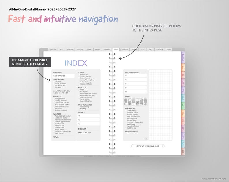 May include: A digital planner with a gray cover and a white index page. The index page has a list of categories, including calendar, finances, wellness, and travel. The planner has a spiral binding and a tabbed divider system.