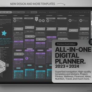 Dark Mode All-In-One Digital Planner 2023 + 2024, GoodNotes and Notability Templates, Hyperlinked PDF, Grey Style