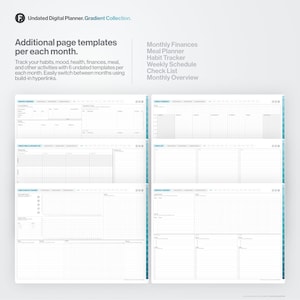 May include: Six printable planner pages with a grid layout. The pages are titled: Monthly Finances, Meal Planner, Habit Tracker, Weekly Schedule, Check List, and Monthly Overview.