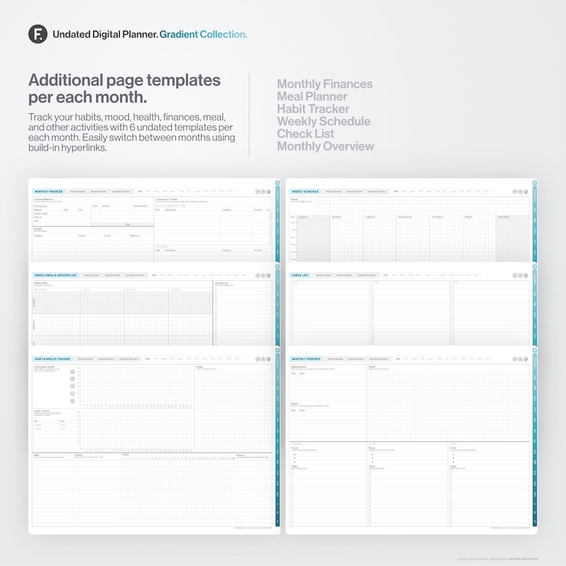 May include: Six printable planner pages with a grid layout. The pages are titled: Monthly Finances, Meal Planner, Habit Tracker, Weekly Schedule, Check List, and Monthly Overview.