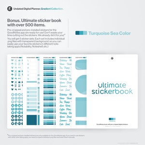 May include: A digital sticker book with over 500 pre-cropped stickers for the GoodNotes app. The stickers are in a turquoise blue color scheme and include icons, widgets, labels, words, and notes. The text "Ultimate stickerbook" is in a large, white font.