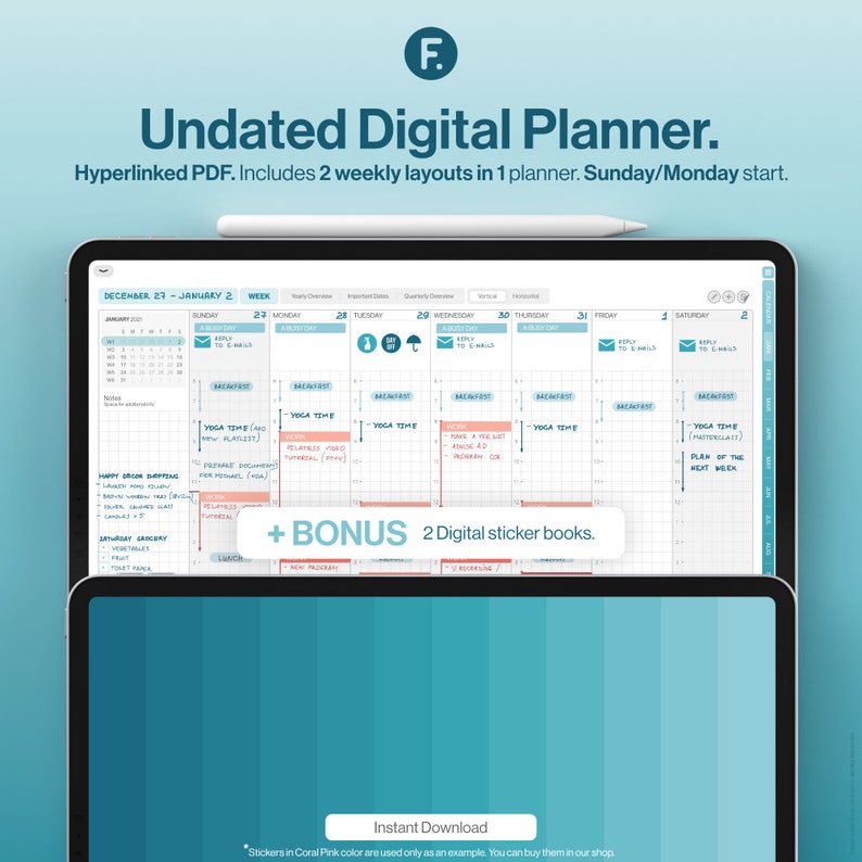 May include: A digital planner with a blue and white color scheme. The planner is open to a weekly view, showing the dates December 27th to January 2nd. The planner includes a bonus of two digital sticker books. The text "Instant Download" is displayed on a button.