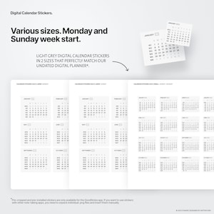 May include: A set of digital calendar stickers in two sizes, large and small, for use in digital planners. The stickers are in a light gray color and feature a simple, minimalist design. The calendar stickers are for the year 2023 and are available in both Monday and Sunday start formats.