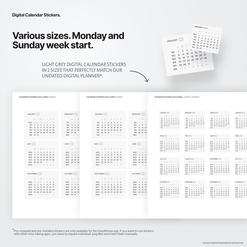 May include: A set of digital calendar stickers in two sizes, large and small, for use in digital planners. The stickers are in a light gray color and feature a simple, minimalist design. The calendar stickers are for the year 2023 and are available in both Monday and Sunday start formats.