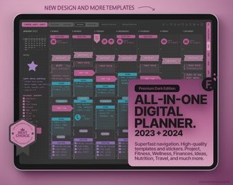 Dark Mode All-In-One Digital Planner 2023 + 2024, GoodNotes and Notability Templates, Hyperlinked PDF, Cassis Style