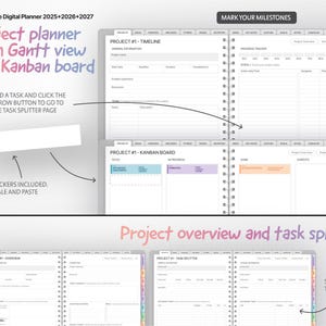 May include: A digital planner with a gray background and the text "All-In-One Digital Planner 2025 2026 2027" at the top. The planner features a project planner with Gantt view and Kanban board, a task splitter page, and a project overview page. The planner also includes task stickers that can be scaled and pasted.