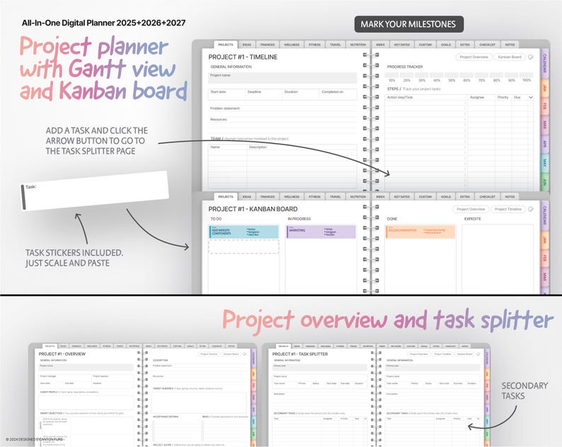 May include: A digital planner with a gray background and the text "All-In-One Digital Planner 2025 2026 2027" at the top. The planner features a project planner with Gantt view and Kanban board, a task splitter page, and a project overview page. The planner also includes task stickers that can be scaled and pasted.