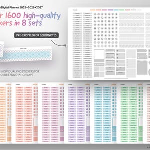 May include: A set of digital planner stickers for Goodnotes, featuring over 1600 high-quality stickers in 8 color sets. The stickers are pre-cropped for easy use in the Goodnotes app.