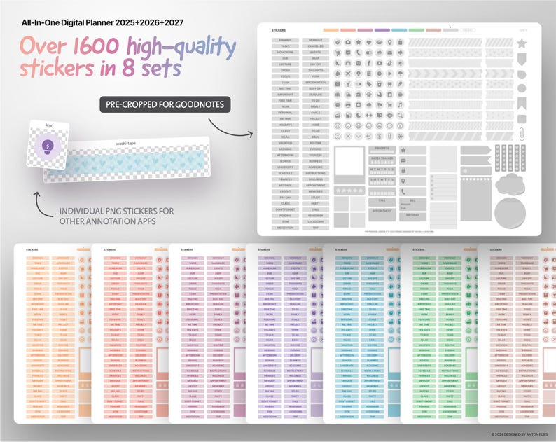 May include: A set of digital planner stickers for Goodnotes, featuring over 1600 high-quality stickers in 8 color sets. The stickers are pre-cropped for easy use in the Goodnotes app.