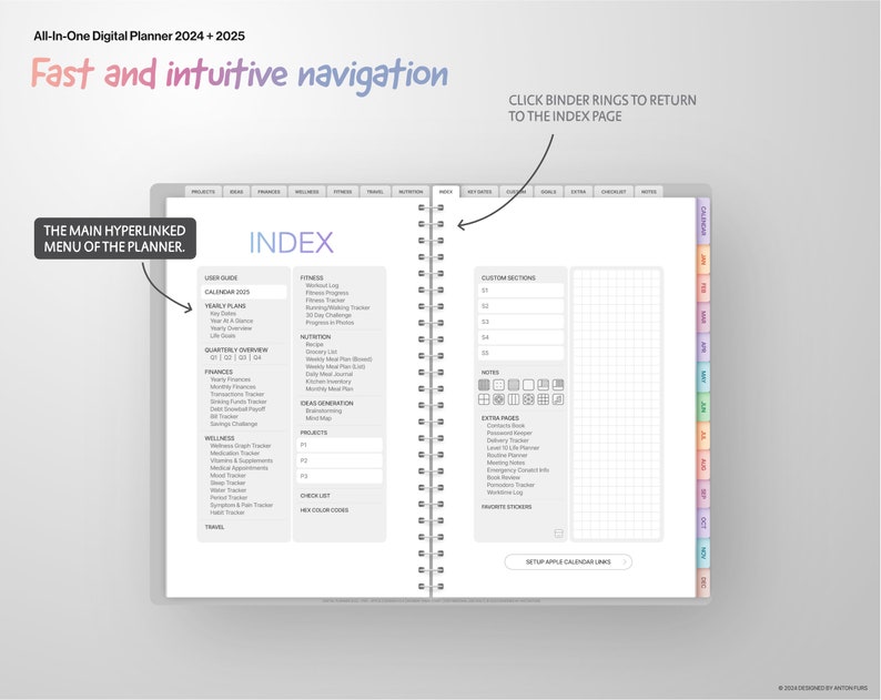 All-In-One Digital Planner 2024 2025, GoodNotes 5/6 and Notability Templates, Hyperlinked PDF, Apple and Google Calendar Links image 2