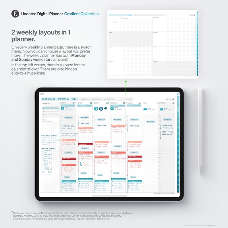 May include: A digital planner with two weekly layouts on a tablet screen. The planner has a blue and green color scheme and includes a calendar sticker, clickable hyperlinks, and a note-taking area.