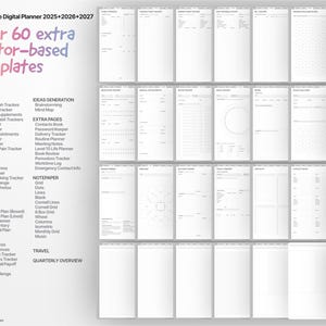 May include: A black and white image showing a digital planner with over 60 extra vector-based templates. The templates are organized into categories such as wellness, fitness, nutrition, finances, ideas generation, travel, and quarterly overview.