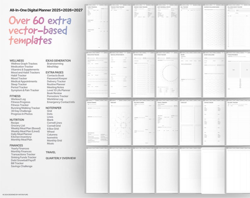 May include: A black and white image showing a digital planner with over 60 extra vector-based templates. The templates are organized into categories such as wellness, fitness, nutrition, finances, ideas generation, travel, and quarterly overview.