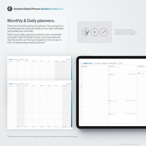 May include: A digital planner with a monthly and daily view. The monthly view has tabs for each month and the daily view has a section for daily schedule, to-do list, and notes. The planner is undated and has a gradient color scheme.
