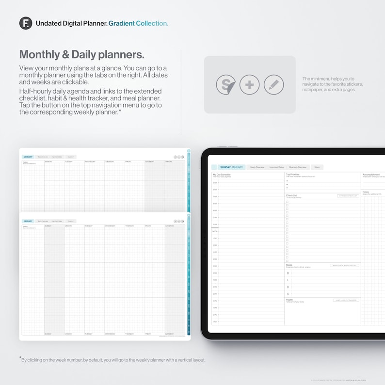 May include: A digital planner with a monthly and daily view. The monthly view has tabs for each month and the daily view has a section for daily schedule, to-do list, and notes. The planner is undated and has a gradient color scheme.