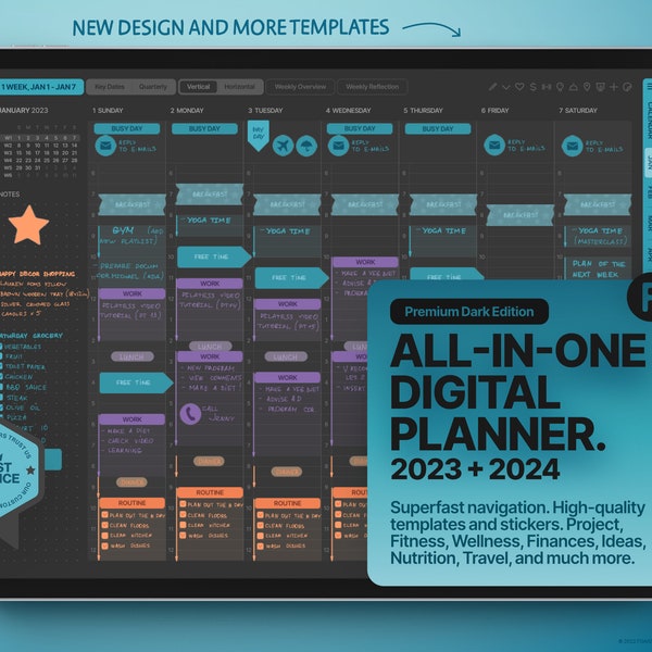 Dark Mode All-In-One Digital Planner 2023 + 2024, GoodNotes and Notability Templates, Hyperlinked PDF, Turquoise Style