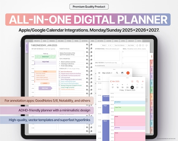 2025-2027 All-In-One Digital Planner: GoodNotes & Notability Compatible (Hyperlinked PDF)