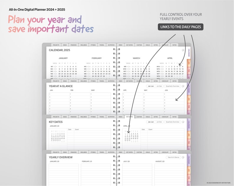 All-In-One Digital Planner 2024 2025, GoodNotes 5/6 and Notability Templates, Hyperlinked PDF, Apple and Google Calendar Links image 7