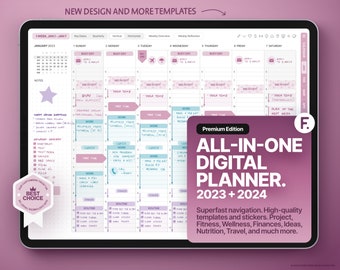 All-In-One Digital Planner 2023 + 2024, GoodNotes und Notability Templates, Hyperlink PDF, Cassis Style